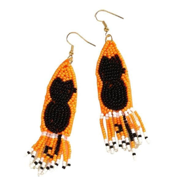 BLACK CAT beaded fringe boho halloween fun cute earrings - Picture 1 of 8